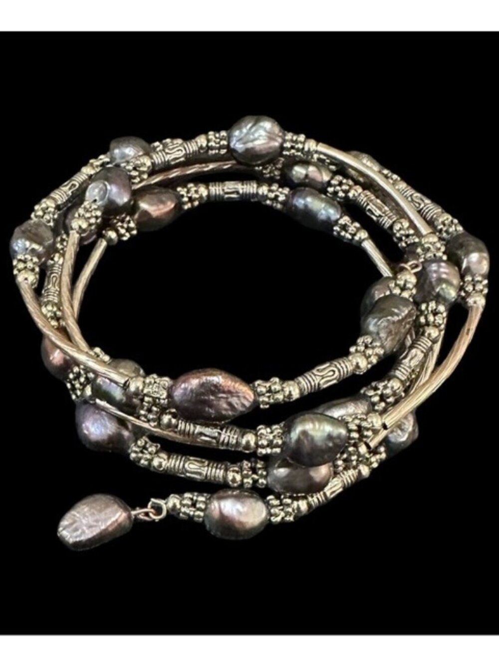 Wire Wrap Bracelet Dark Peacock Freshwater Pearls Silver Tone Beads Dangle Charm